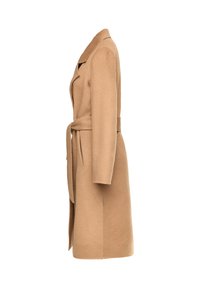 Beige wool coat with a belted waist, collared neckline, and long sleeves, featuring a straight cut and no visible fasteners.