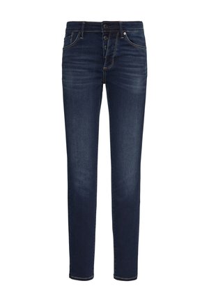 Donkerblauwe denim jeans met een slim fit, met een knoopsluiting, subtiele stikselaccenten en een vijf-pocketdesign.