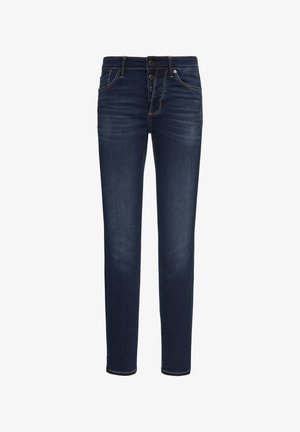 Temno modri jeans z ožjim krojem, z gumbasto zadrgo, subtilnimi šivi in zasnovo s petimi žepi.