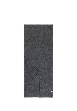 Dark gray knitted wool scarf folded with a small white fabric label at one corner on a white background.