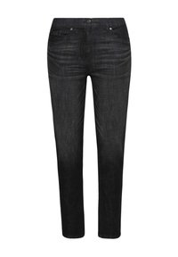 Pantalones vaqueros de mezclilla negros con corte recto, diseño de cinco bolsillos, cierre de botón metálico y textura sutil. Presentan costuras tonales.