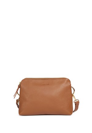 Small brown leather crossbody bag with gold zipper and adjustable strap on a white background.