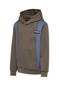 Kapuzensweatshirt in dunklem Olivgrün mit blauen Seitenpanelen, Kängurutasche, gerippten Bündchen und Saum. Hummel-Logo auf der Vorderseite.