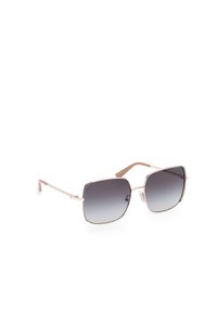Ochelari de soare pătrați cu lentile degradate de la închise la deschise, ramă subțire din metal de culoare roz aurie și brațe bej cu detalii ale logo-ului.