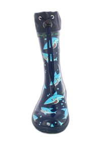 Botte de pluie en caoutchouc bleu marine avec un design de requin, accentuée de bleu clair et de bulles, avec un haut réglable à cordon et stoppeur.
