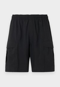 Černé cargo kraťasy s elastickým pasem, které mají boční kapsy a hladkou, lehkou tkaninu. Jednoduchý design s rovnými nohavicemi.