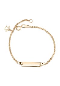 Złoty bracelet z delikatnym łańcuszkiem, z gładką, prostokątną tabliczką na imię oraz małym charms z liściem na zapięciu.