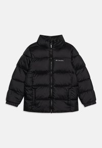 Black puffer jacket with a high collar, zip front, and elastic cuffs. Features stitched sections and a logo on the left chest. Lightweight material.