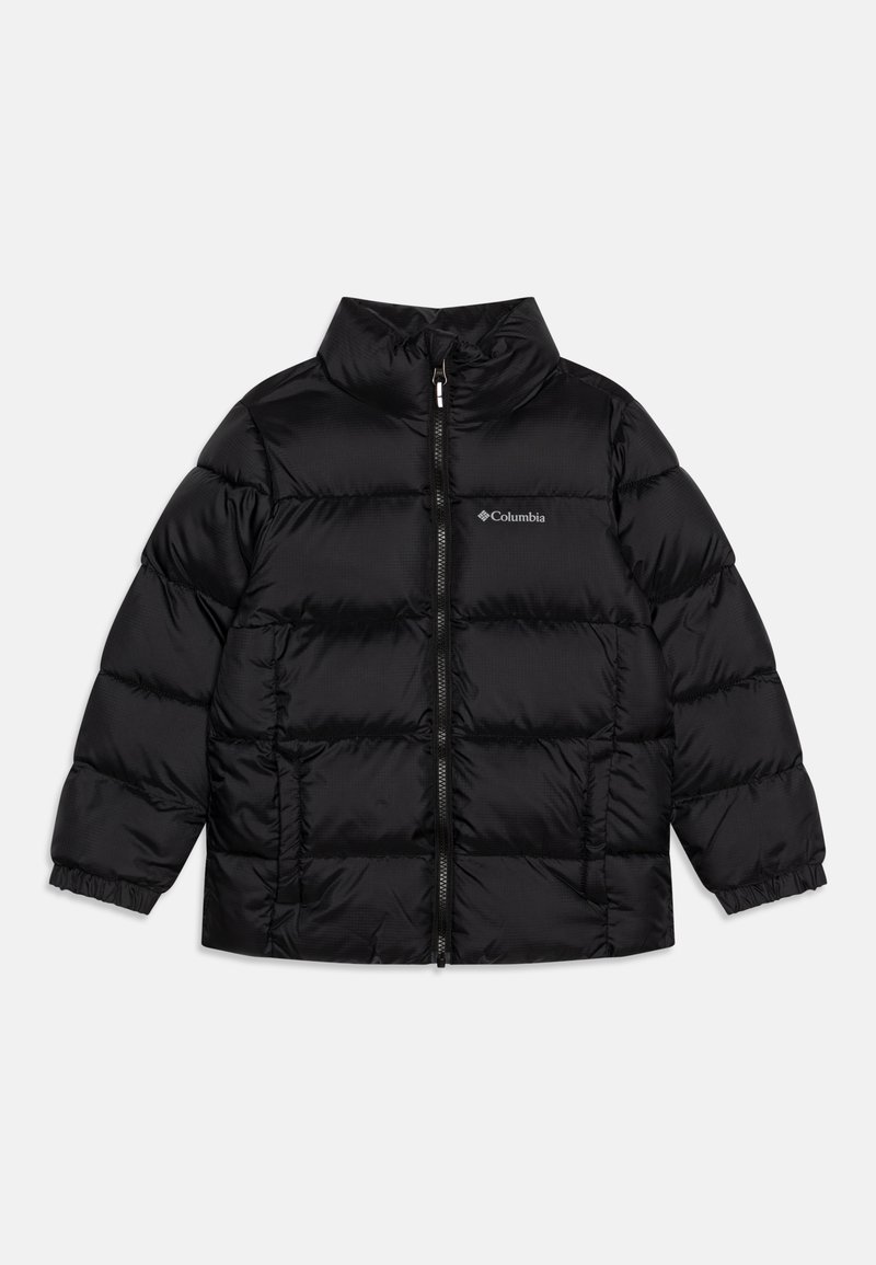 Black puffer jacket with a high collar, zip front, and elastic cuffs. Features stitched sections and a logo on the left chest. Lightweight material.