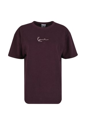 Burgundy cotton t-shirt with short sleeves and a round neck. Features a white cursive logo on the front. Smooth texture, relaxed fit.