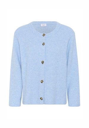 Ribota šviesiai mėlyna kardiganas su apvaliu iškirpimu ir trimis mygtukais priekyje, turintis ilgus rankovės ir laisvą siluetą.