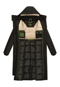 Manteau d'hiver long matelassé noir et beige avec capuche, coutures vertes et étiquette intérieure portant le texte de la marque Navahoo.