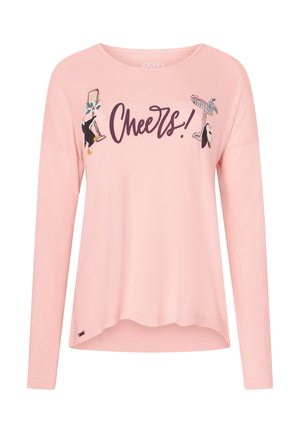 Roze long-sleeve shirt gemaakt van zacht materiaal met de tekst "Cheers!" en speelse illustraties van pinguïns. Gebogen zoom en een comfortabele pasvorm.