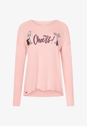 Roze long-sleeve shirt gemaakt van zacht materiaal met de tekst "Cheers!" en speelse illustraties van pinguïns. Gebogen zoom en een comfortabele pasvorm.