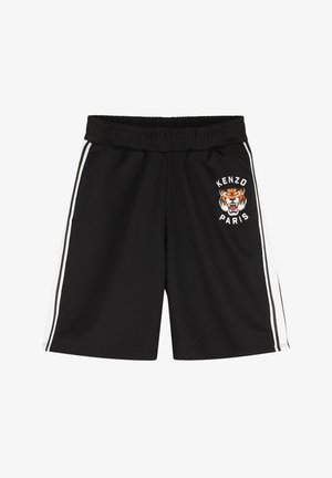 Zwarte sportshorts met een elastische tailleband, voorzien van een tijgerafbeelding en de tekst "KENZO PARIS" op het linkerbeen en witte zijstrepen.