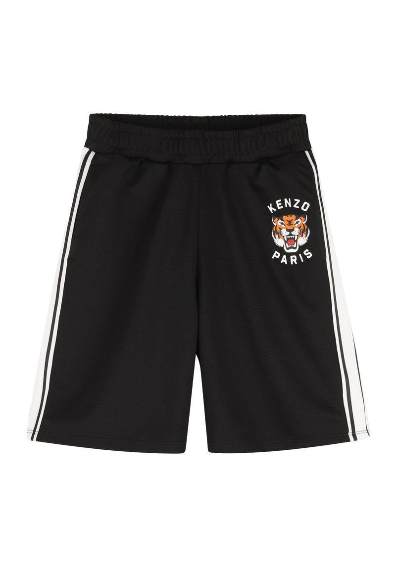 Zwarte sportshorts met een elastische tailleband, voorzien van een tijgerafbeelding en de tekst "KENZO PARIS" op het linkerbeen en witte zijstrepen.