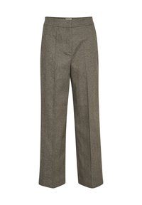 Pantaloni grigi a vita alta realizzati in un tessuto strutturato, con gambe larghe e pieghe frontali per un aspetto sartoriale.