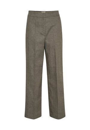 Grey, high-waisted trousers made from a textured fabric, featuring wide legs and front pleats for a tailored appearance.