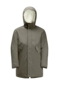 Parka pour homme en vert olive, avec une capuche doublée en polaire, des poches avant à pression et une coupe droite au toucher lisse.