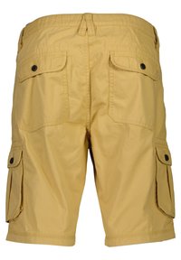Pantaloni cargo khaki realizzati in tessuto leggero, dotati di due tasche laterali con patta, una vita piatta e dettagli con cuciture doppie.