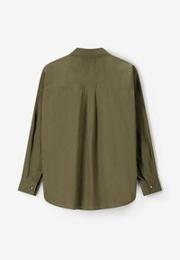 Olive green long-sleeved shirt made of lightweight fabric. Features a collar, button cuffs, and a loose fit with a back pleat detail.