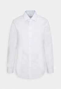 Witte langekorte mouwen shirt met een button-down kraag, gladde textuur en een gemêleerde blauwe binnenkraag. Beschikt over een knoopsluiting aan de voorkant.