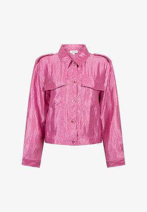 Shiny pink button-up jacket with long sleeves, flap chest pockets, shoulder epaulets, and a pointed collar.