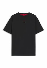T-shirt en coton noir à manches courtes, arborant un petit logo « HUGO » rouge brodé sur la poitrine et un col intérieur rouge contrastant.