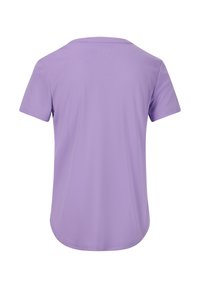 Korte mouw, ronde hals t-shirt in licht paarse stof, met een gladde textuur, licht gebogen zoom, zonder zichtbare patronen of accenten.