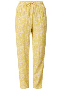 Gule pyjamasbukser med hvid blomsterprint, elastisk talje med snor, blød tekstur og tapered ben-design.