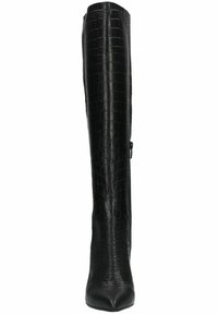 Bottes noires en cuir verni à effet crocodile, montant jusqu'au genou, avec un bout pointu et une fermeture éclair latérale pour un enfilage facile. Finition lisse et design élégant.