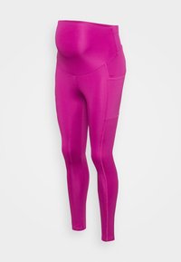 Leggings de maternidade rosa com uma cintura alta e um tecido liso e elástico. Apresenta um bolso lateral e um design ajustado.