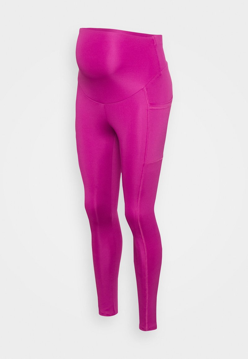 Leggings de maternidade rosa com uma cintura alta e um tecido liso e elástico. Apresenta um bolso lateral e um design ajustado.
