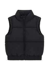 Schwarze Steppweste mit hohem Kragen, Frontreißverschluss und elastischem Bund. Verfügt über eine gesteppten Textur und ärmelloses Design.