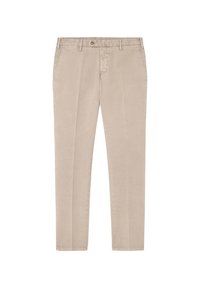 Pantaloni in cotone beige con un design a gamba dritta, dotati di chiusura con bottone, passanti per la cintura e tasche anteriori inclinate. Tessuto liscio, senza motivi.