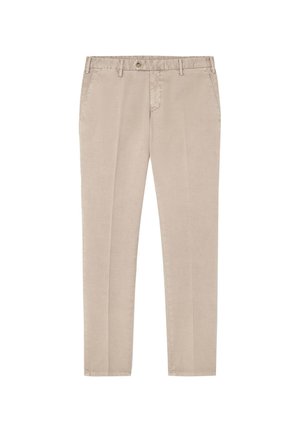 Pantalon en coton beige avec une coupe droite, doté d'une fermeture à bouton, de passants de ceinture et de poches obliques à l'avant. Texture lisse, sans motifs.