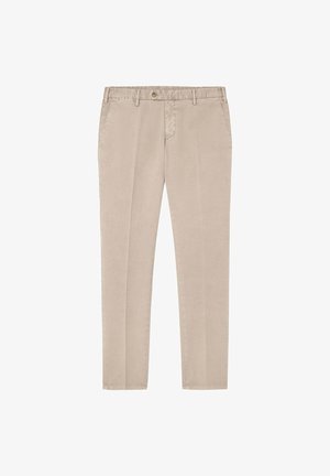 Beige katoenen broek met een recht model, voorzien van een knoopsluiting, riemlussen en schuine steekzakken aan de voorkant. Met een gladde textuur, zonder patronen.