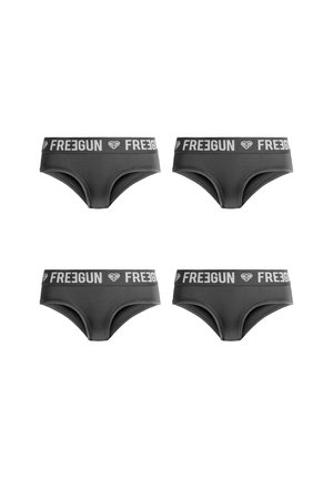 Quatre slips noirs pour hommes avec le logo "FREEGUN" et un cœur sur la ceinture élastique, présentés sur un fond blanc.