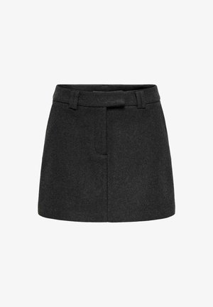 Črna mini krila iz volnene mešanice z oprijetim pasom, sprednjimi žepi in gladko teksturo. Ima čist in natančno oblikovan dizajn.