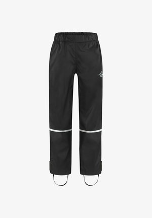 Schwarze wasserdichte Hose mit elastischem Bund, reflektierenden weißen Streifen und verstellbaren Knöchelriemen für einen sicheren Sitz.