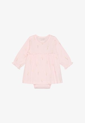 Rosa Baby-Kleid mit langem Arm, Blumenmuster, Rüschen am Taillenbereich und integriertem Bodysuit, Größe 56/1 Monat.