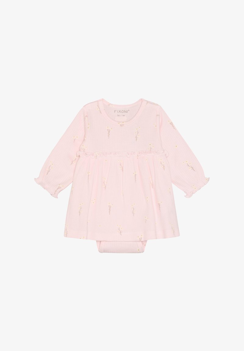 Robe bébé à manches longues rose avec imprimé floral, détail volanté à la taille et body intégré, taille 56/1M.