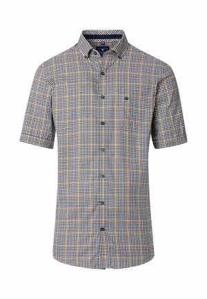 Kurzärmliges Karoshirt in Blau, Gelb und Weiß. Mit kragen, Brusttasche und einem dezenten Logo auf der linken Seite.