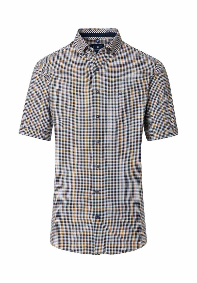 Kurzärmliges Karoshirt in Blau, Gelb und Weiß. Mit kragen, Brusttasche und einem dezenten Logo auf der linken Seite.