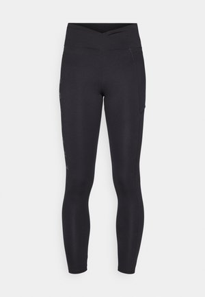 Leggings neri con una cintura larga incrociata, dotati di una tasca laterale e una stampa logo sottile lungo la gamba sinistra in un design tonale.