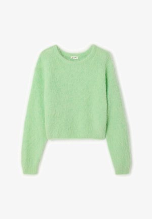 Mintgroene cropped trui gemaakt van zacht, pluizig materiaal met een ronde halslijn en lange mouwen. Minimalistisch ontwerp, zonder zichtbare patronen of details.