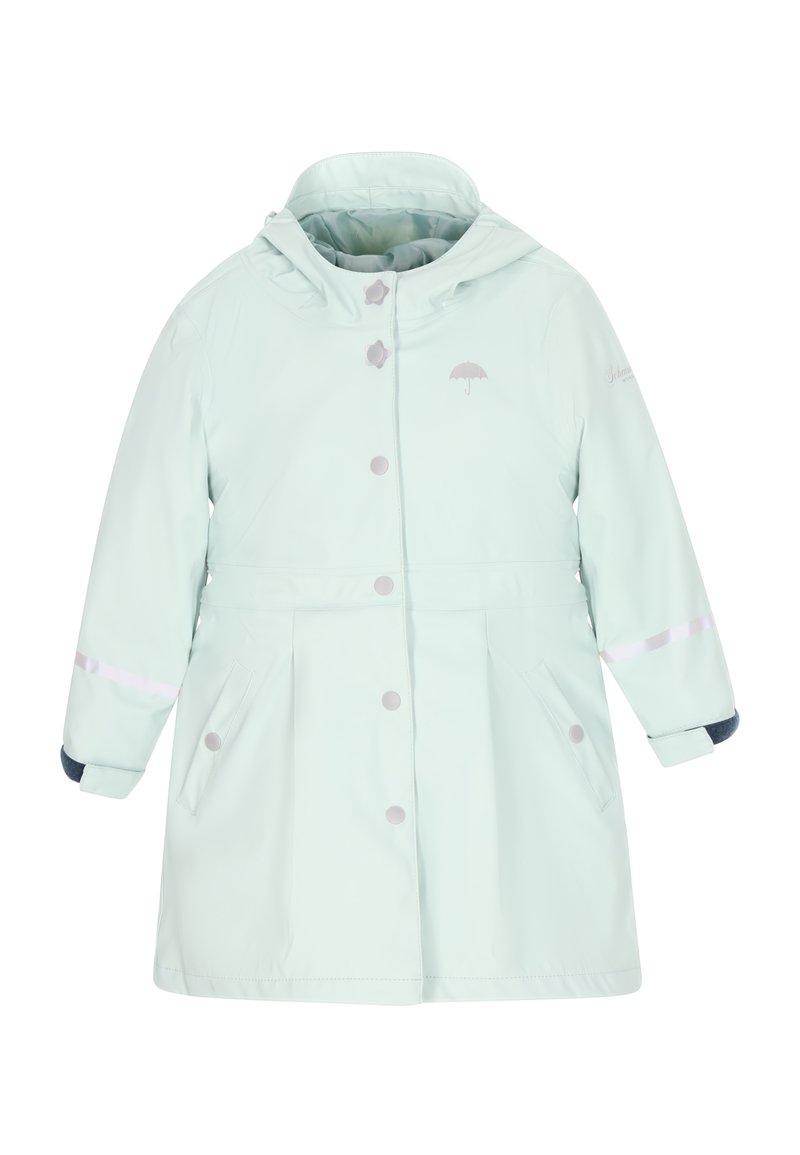Svijetlo mint zelena kišna jakna s prednjim zatvaranjem na tipke, kapuljačom, dva bočna džepa, reflektivnim detaljima i logotipom kišobrana na prsima.