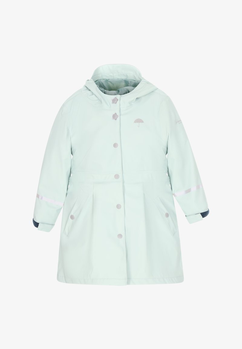 Svijetlo mint zelena kišna jakna s prednjim zatvaranjem na tipke, kapuljačom, dva bočna džepa, reflektivnim detaljima i logotipom kišobrana na prsima.