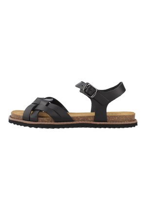 Sandali neri in pelle con cinturini intrecciati, fibbia regolabile alla caviglia e footbed in sughero. Suola in gomma texture per aderenza e durata.