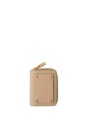 Beige textured compact wallet with a zip closure and front leather patch secured by four rivets.